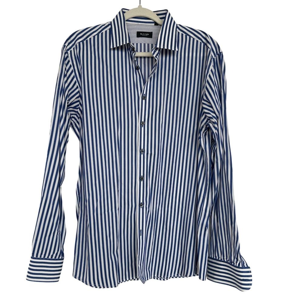 Sand Copenhagen Blue White Stripe Dress Shirt Cotton Button Up Mens Size 43